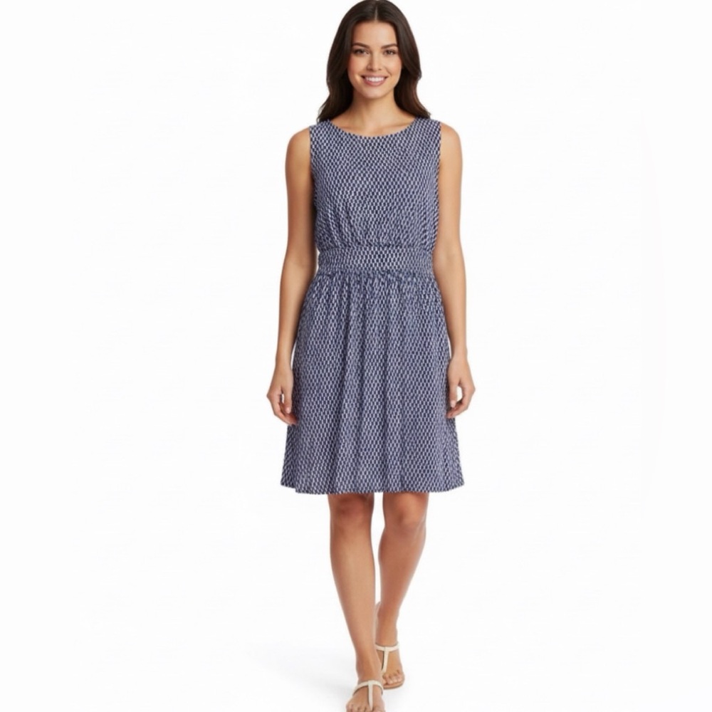 𝅺Joe Fresh Spring Summer Midi Sun Dress White Blue Design Pattern Woman Large